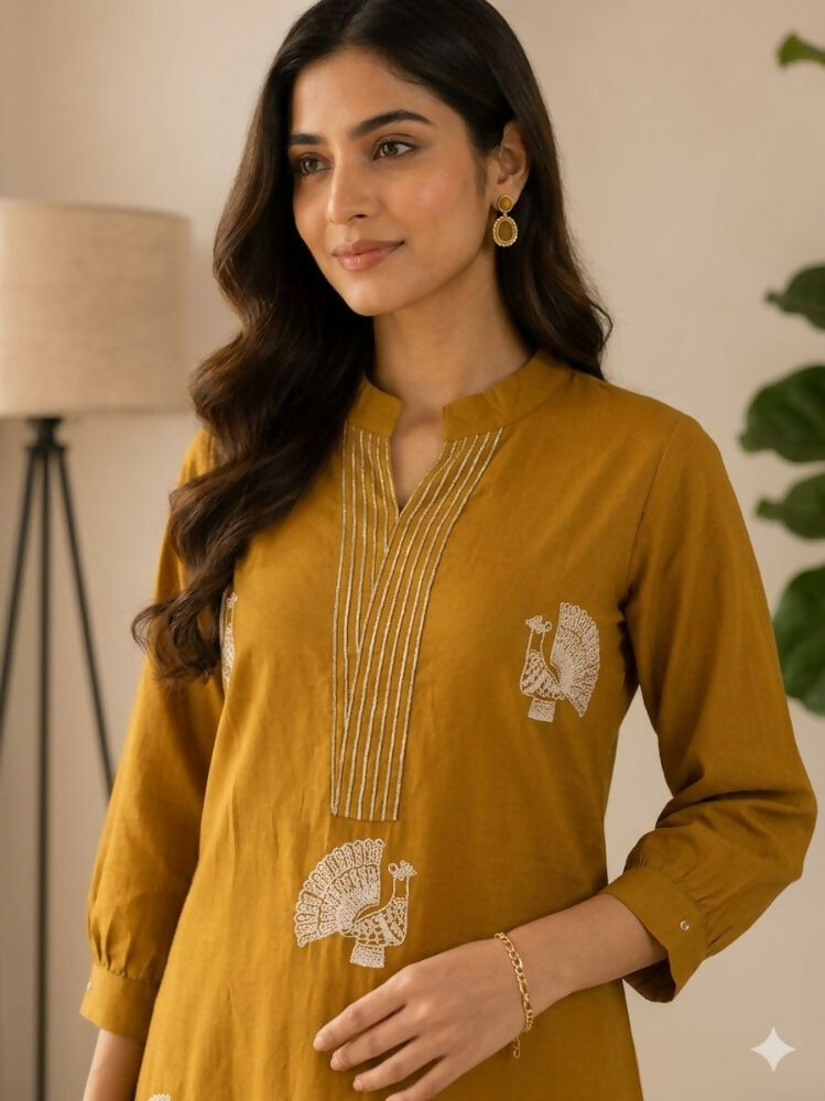 Teeya Creation Women Mustard Cotton Printed Kurta with Trousers Co-ord Set | Grocsy