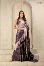 Wine Satin Solid Designer, Printed Party Wear Ready To Wear Saree - Nasreen | Grocsy
