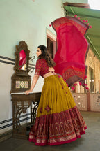 Vastranavya Kashmiri Print With Foil Print Lehenga With Unstitched Printed Blouse - Mustard | Grocsy