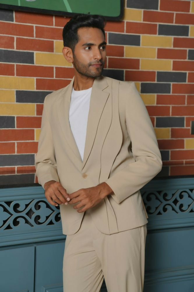 Saville Beige Curve Blazer Set – 4-Way Stretch Wedding & Party Suit For Men by Hilo Design | Grocsy