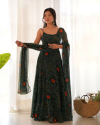 Joban Fashion Bottle Green Kurta Set Chiffon Sequin Embroidery Work | Grocsy