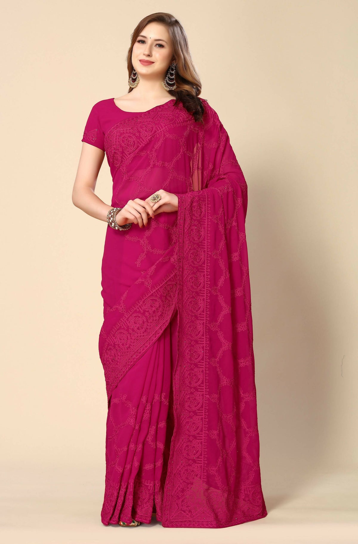 Pink Georgette Embroidered and Stone Work Saree with Unstitched Blouse Piece - Roozal | Grocsy