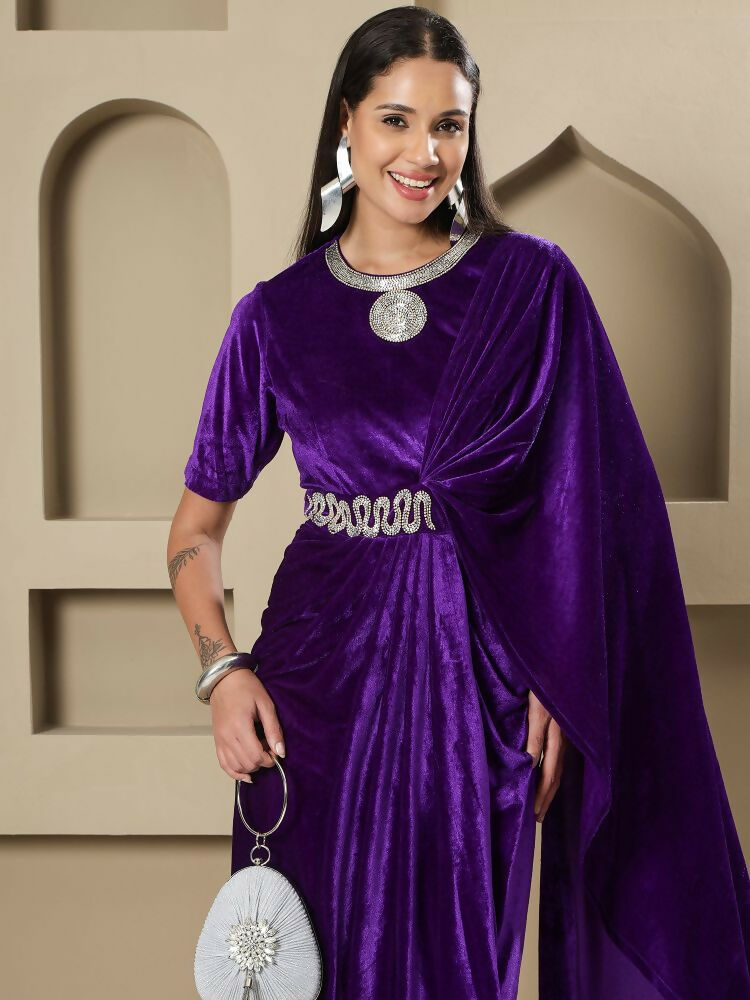 Joban Fashion Women Purple Velvet Hand Embellishment Stitched Dress | Grocsy