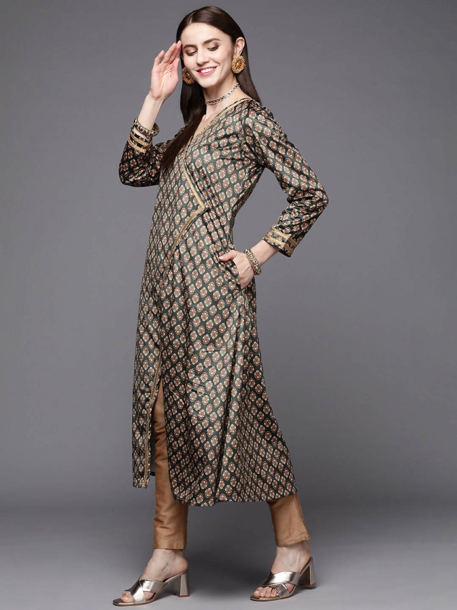 Ahalyaa Women Green & Cream-Coloured Floral Printed Velvet Kurta | Grocsy