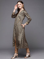 Ahalyaa Women Green & Cream-Coloured Floral Printed Velvet Kurta | Grocsy