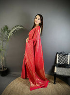 Joban Fashion Ruby Pink Floral Motifs & Ethnic Design Soft Satin Silk Kanchipuram Saree | Grocsy