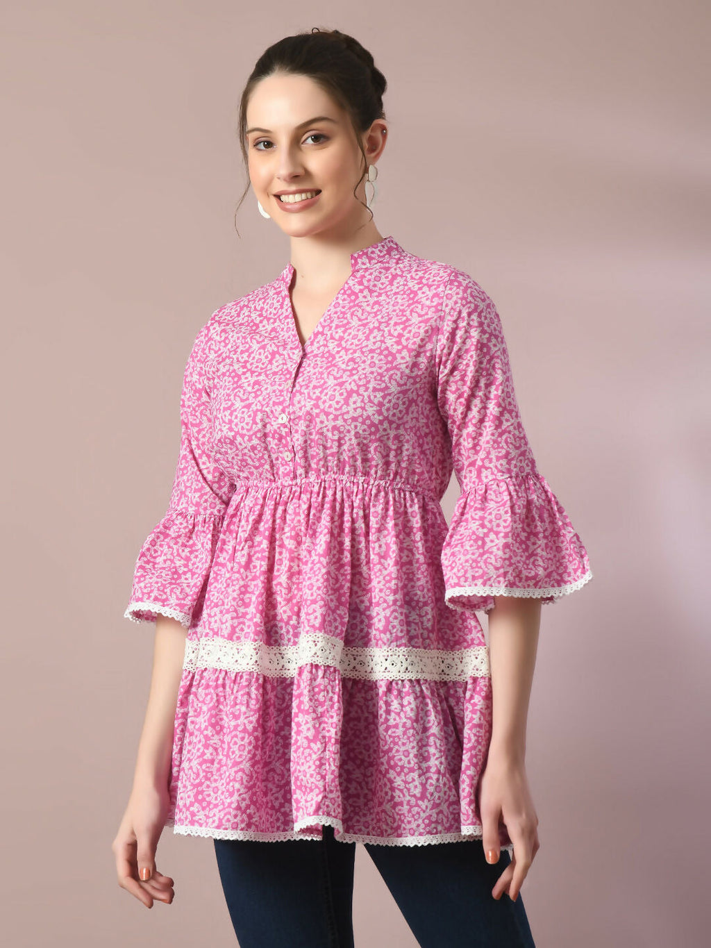 Myshka Women's Pink Embellished Cotton Gathered Party Empire Top | Grocsy