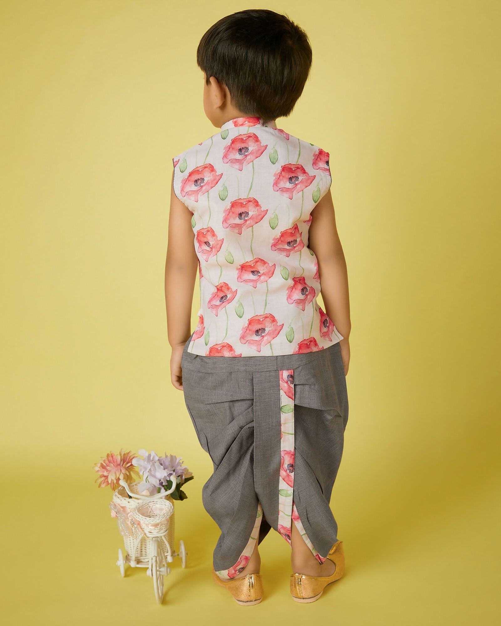 Joban Fashion Kids Island Cotton Sleeveless printed Kurta and Solid Dhoti - Grey | Grocsy