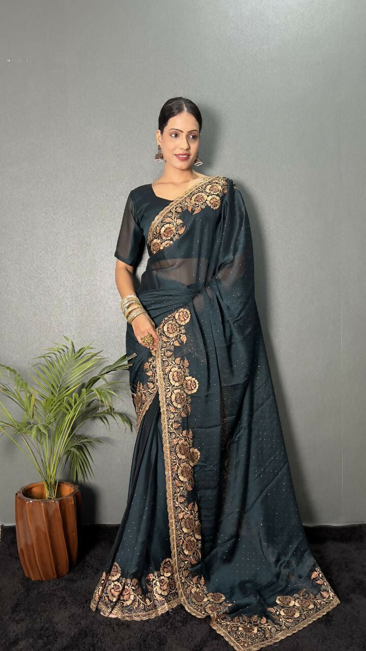 Vastranavya Morpeach Rangoli Silk Zari work with DMC Swarovski work Ready to Wear Saree | Grocsy