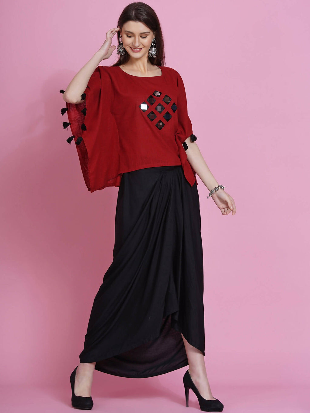 Women Republic Maroon Cotton Kaftan With Dhoti | Grocsy