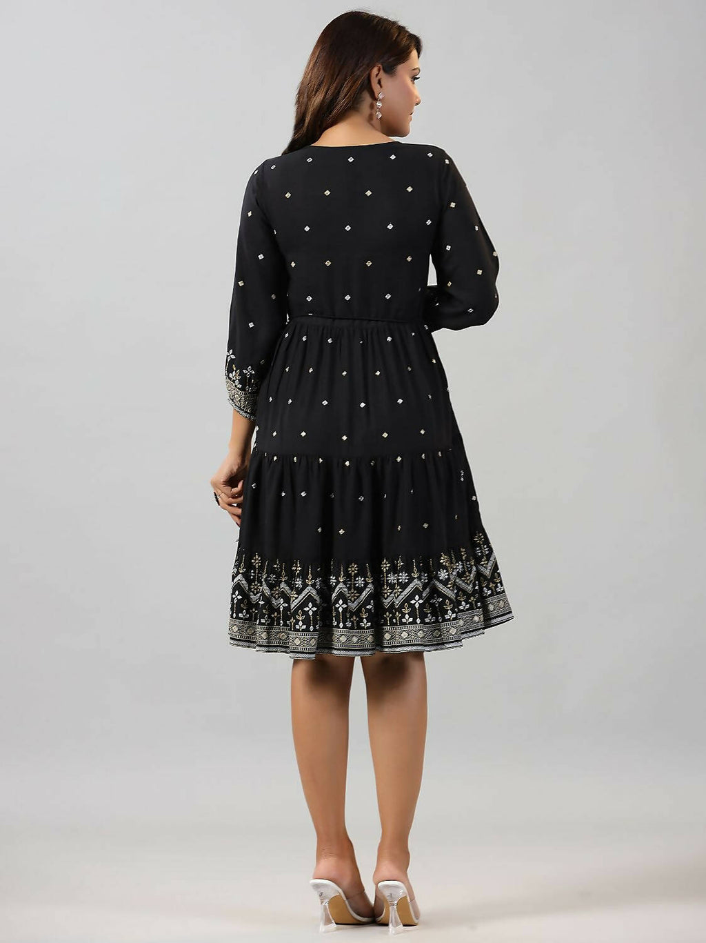 Juniper Women Black Rayon Printed Short Tiered Dress | Grocsy