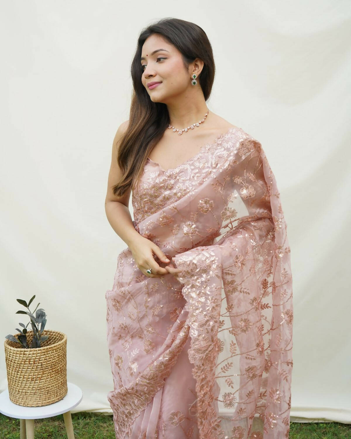 Vamsee Brown Organza Saree | Grocsy