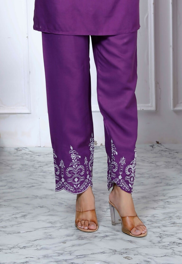 Miravan Women's Purple Solid Rayon Straight Co-Ord Set | Grocsy