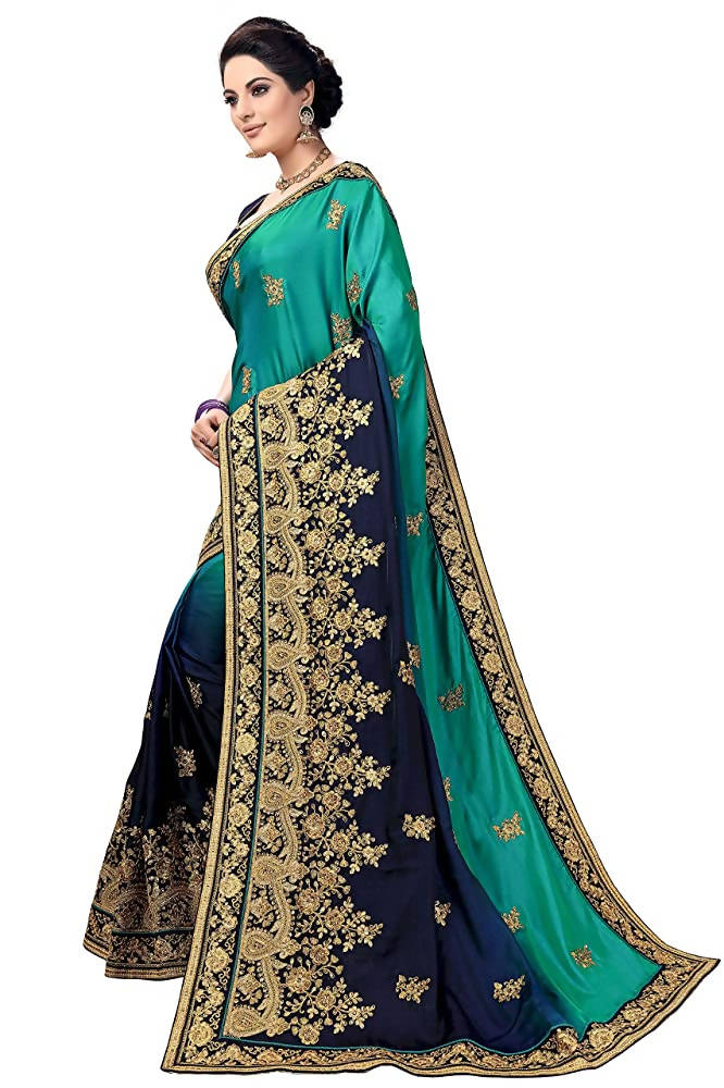 Sarvadarshi Fashion Women's Blue Barfi Silk Heavy lace Embroidery work Saree With blouse piece | Grocsy