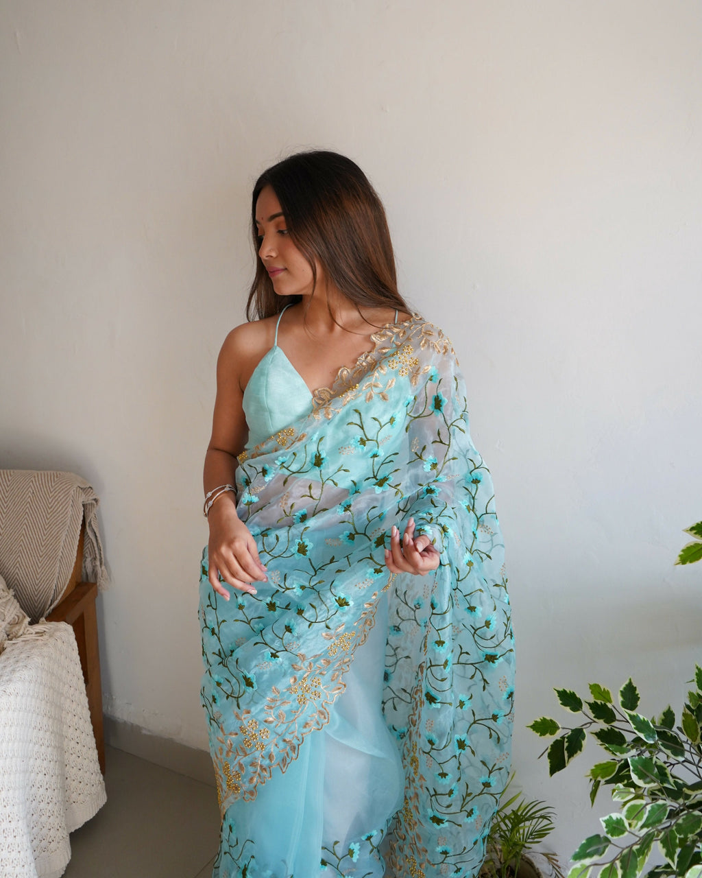 Vamsee Pushpa Sky Organza Saree | Grocsy