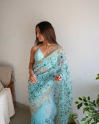 Vamsee Pushpa Sky Organza Saree | Grocsy
