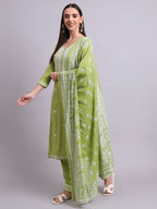 Joban Fashion Green Cotton & Embroidery Work Kurta With Trousers & Dupatta Set | Grocsy