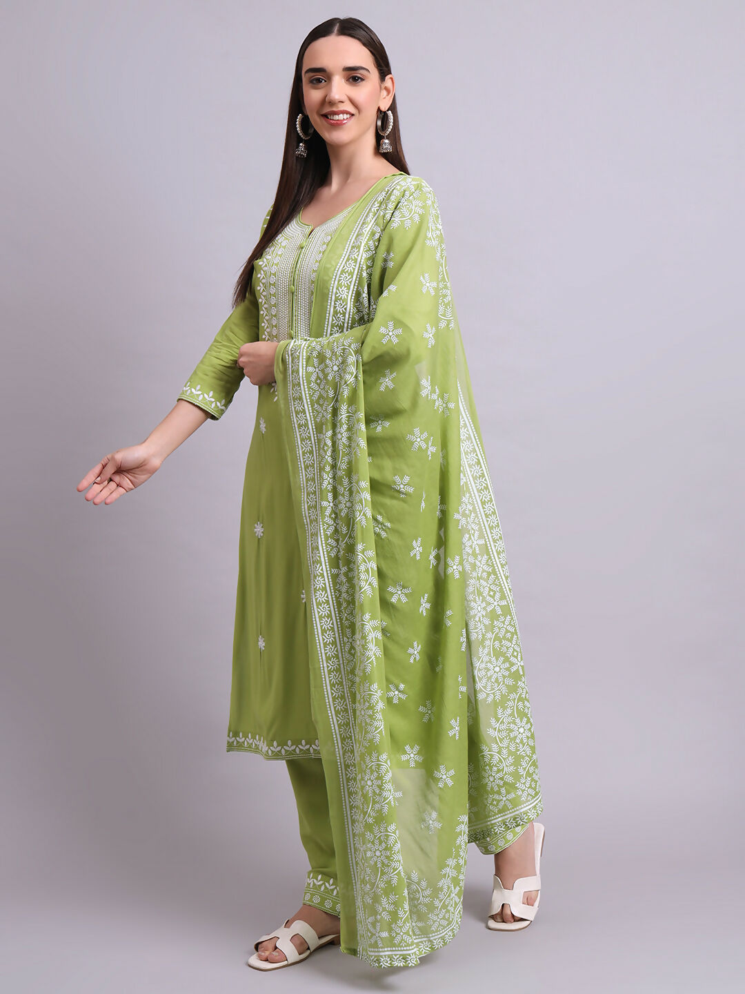 Joban Fashion Green Cotton & Embroidery Work Kurta With Trousers & Dupatta Set | Grocsy