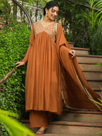 Janasya Brown Georgette Yoke Embroidery Kurta,Bottom & Dupatta | Grocsy