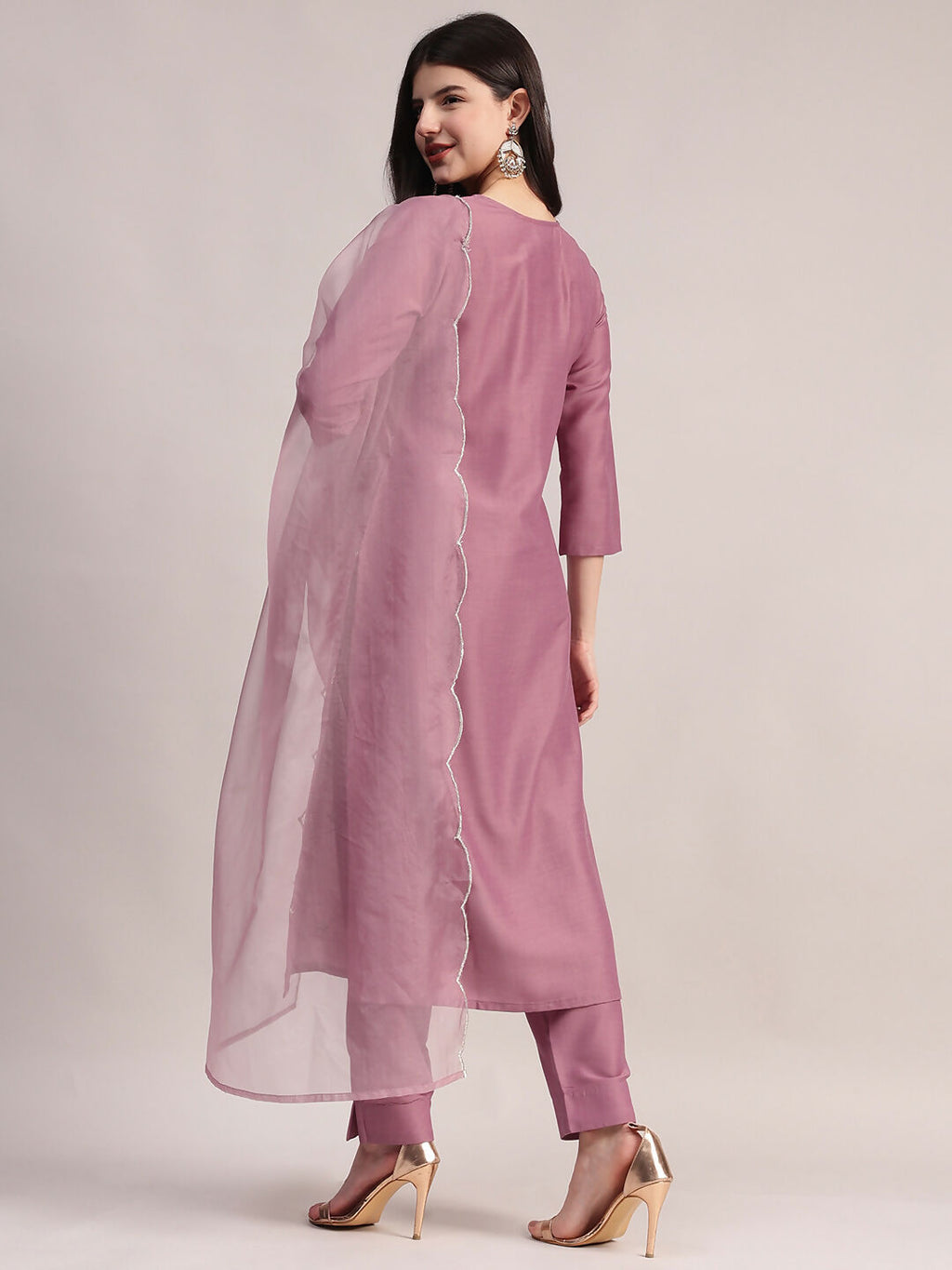 Aavyora Women Lavender Embroidered Chinon Kurta with Straight Pants & Organza Dupatta Set | Grocsy