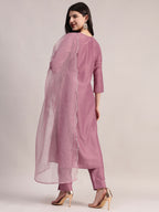 Aavyora Women Lavender Embroidered Chinon Kurta with Straight Pants & Organza Dupatta Set | Grocsy