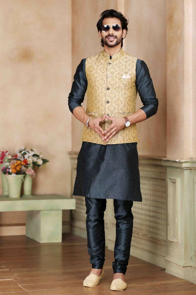 Raivat Ethnic Jacquard Banarasi Silk Woven Work 3 Pics Jacket Set In Beige Colour | Grocsy