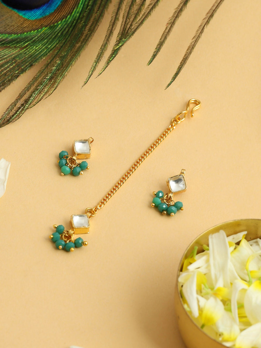 Ruby Raang Gold-White Set Of Earrings And Maang Tikka | Grocsy