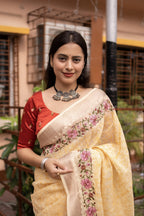 Yellow Pure Linen Woven Design Saree with Unstitched Blouse - A2M | Grocsy