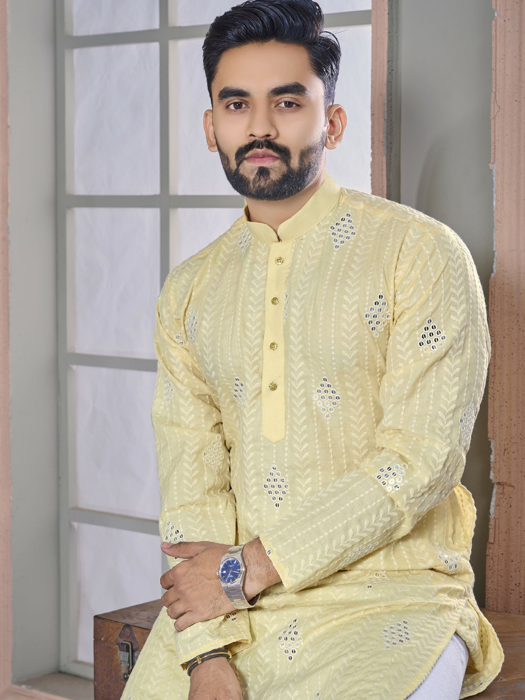 Yellow Linen Men Kurta Pajama Set by Infinity Export | Grocsy
