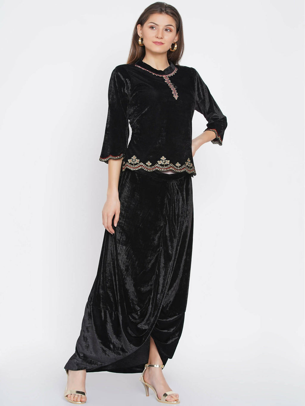 Women Republic Black Velvet Embroiderd Koti With Dhoti Pants | Grocsy
