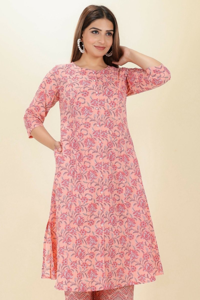 Aramya Pink Soft Cotton Floral A-line Kurta for Women | Grocsy