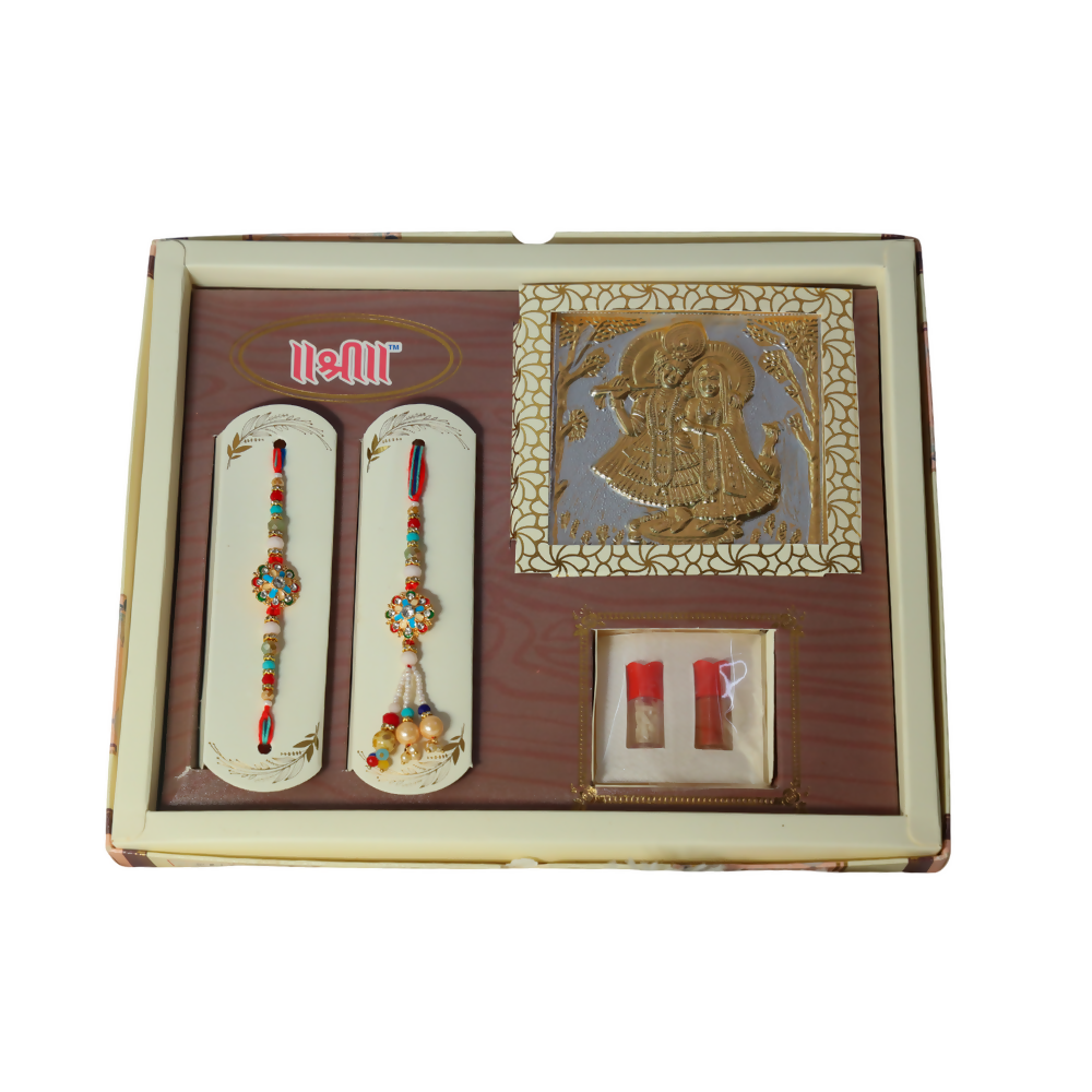 Indianvibez Exclusive Gift Pack Of Bhai Bhabhi Meenakari Kundan Stone Desginer Rakhi With Roli & Krishna Silver Gold Plated Radha Krishna Foil | Grocsy