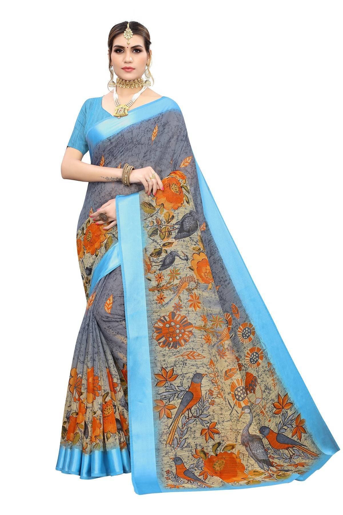 Vamika Blue Linen Digital Print with Satin Border Floral Saree | Grocsy