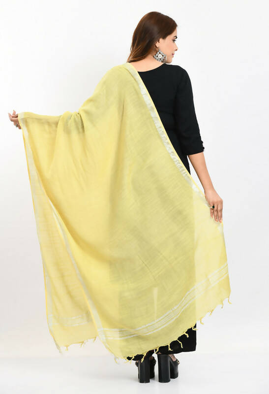Mominos Fashion Moeza Women's Linen Cotton Silver Border Lemon Yellow Dupatta | Grocsy