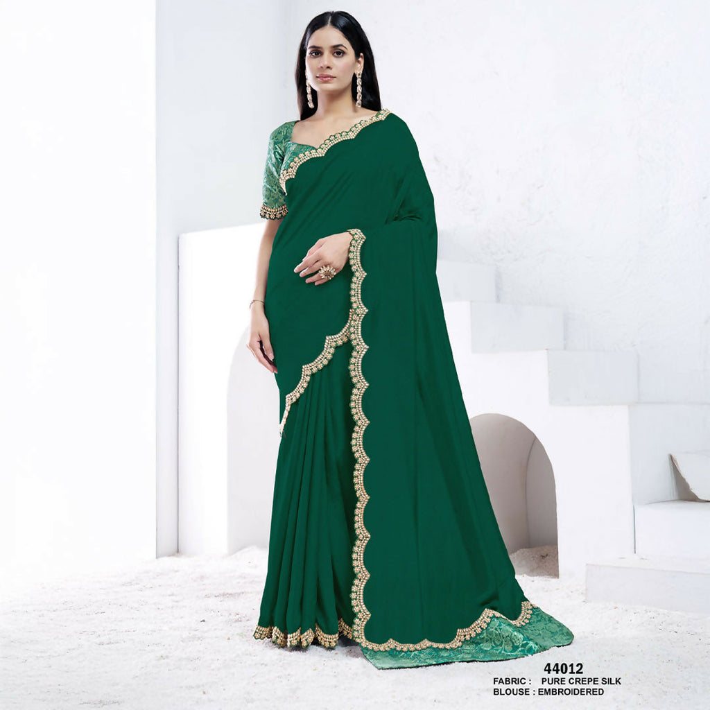 Green Pure Crepe Silk Diamond With Hand Work Saree With Unstitched Blouse - Norita Swaraa | Grocsy