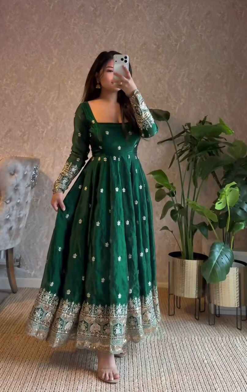 Teeya Creation Green Fendi Silk Designer Heavy Work Wedding Wear Long Gown | Grocsy