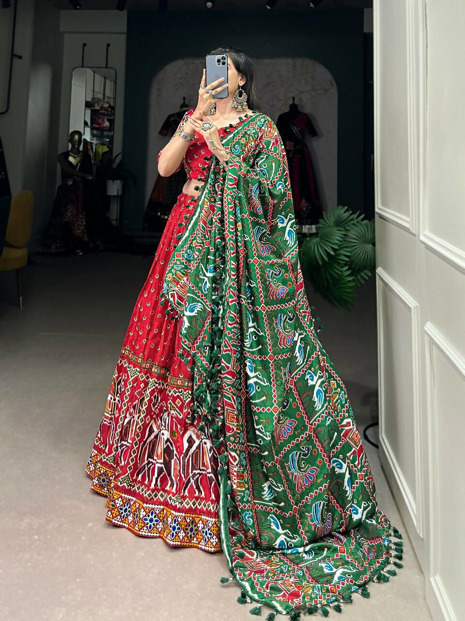 Vastranavya Navaratri Special Dola Silk Patola Print With Gamthi Work Lace Border Lehenga with Stitched Blouse - Red | Grocsy
