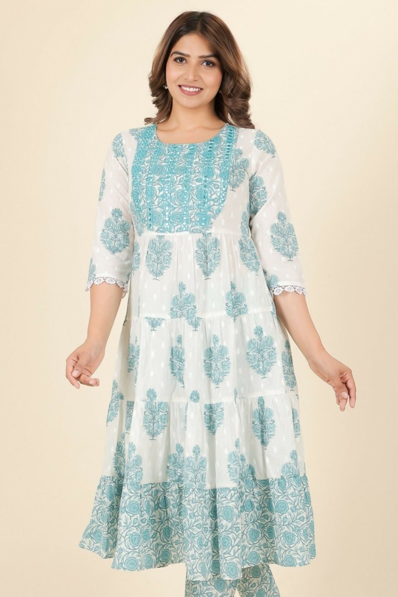Aramya White Soft Cotton Block Anarkali Kurta for Women | Grocsy