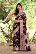 Joban Fashion Wine Banarasi Soft Pure Handloom Banarasi Silk Saree | Grocsy