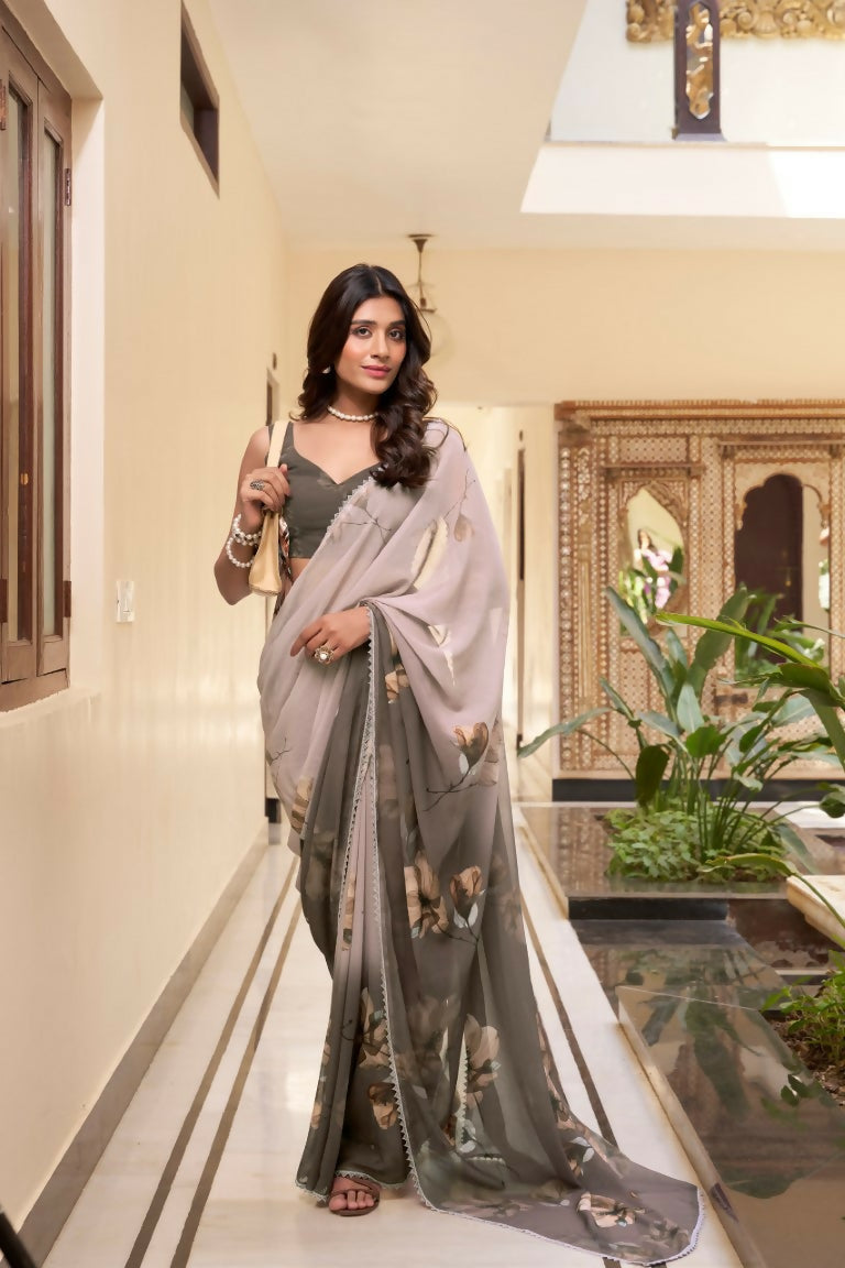 Vastranavya Chiku Weightless Marble Printed & Trim Lace Border Saree with Unstitched Blouse | Grocsy