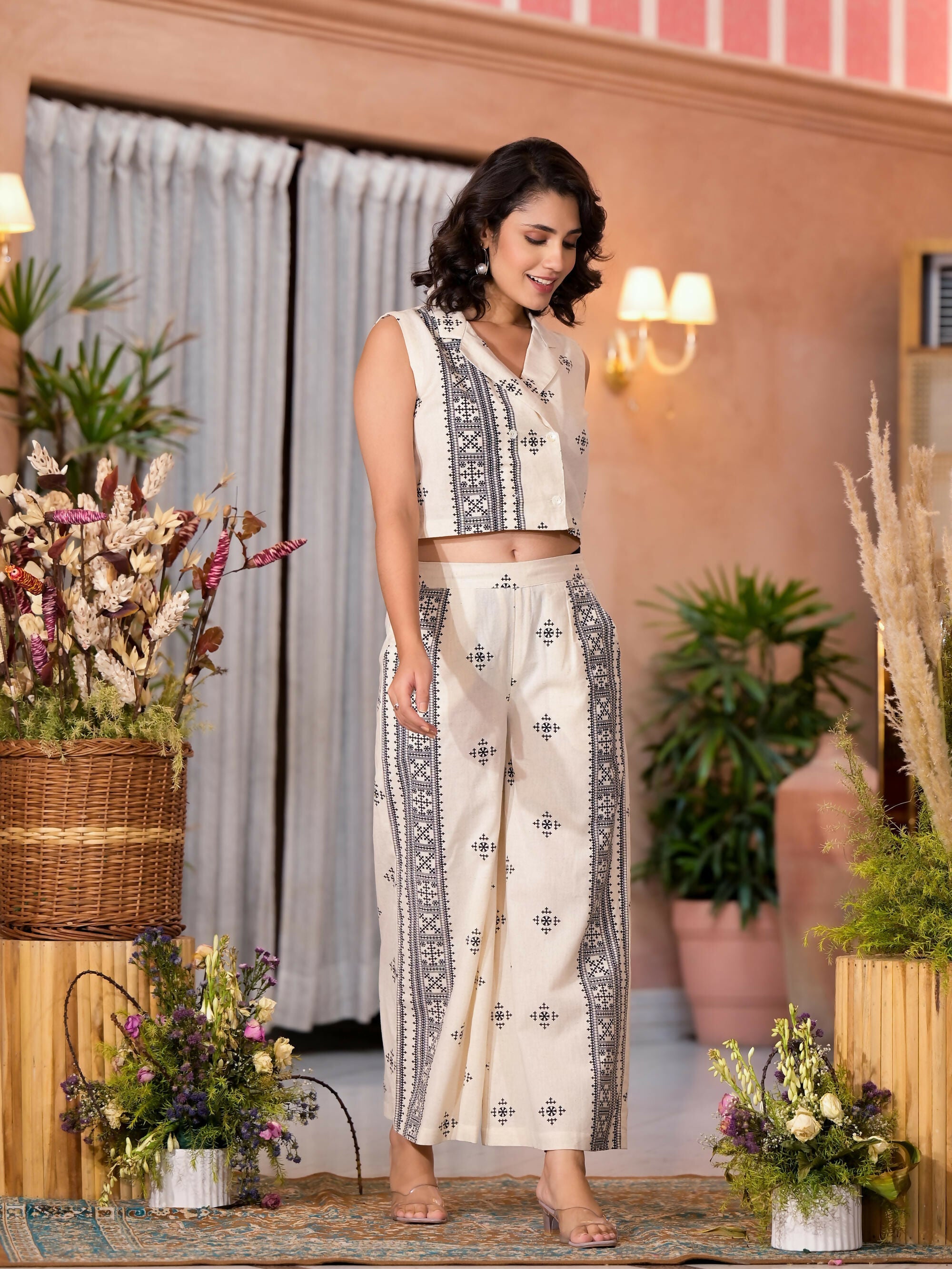 Juniper Women's Natural Ethnic Motif Printed Cotton Top & Palazzo Co-Ord Set With Button Closure | Grocsy