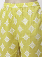 Myshka Yellow Pure Cotton Printed Sleeveless Round Neck Kurta Palazzo Dupatta Set | Grocsy