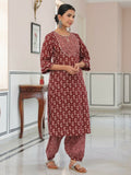 Aramya Straight Soft Cotton Block Print Women's Kurta - Brown | Grocsy