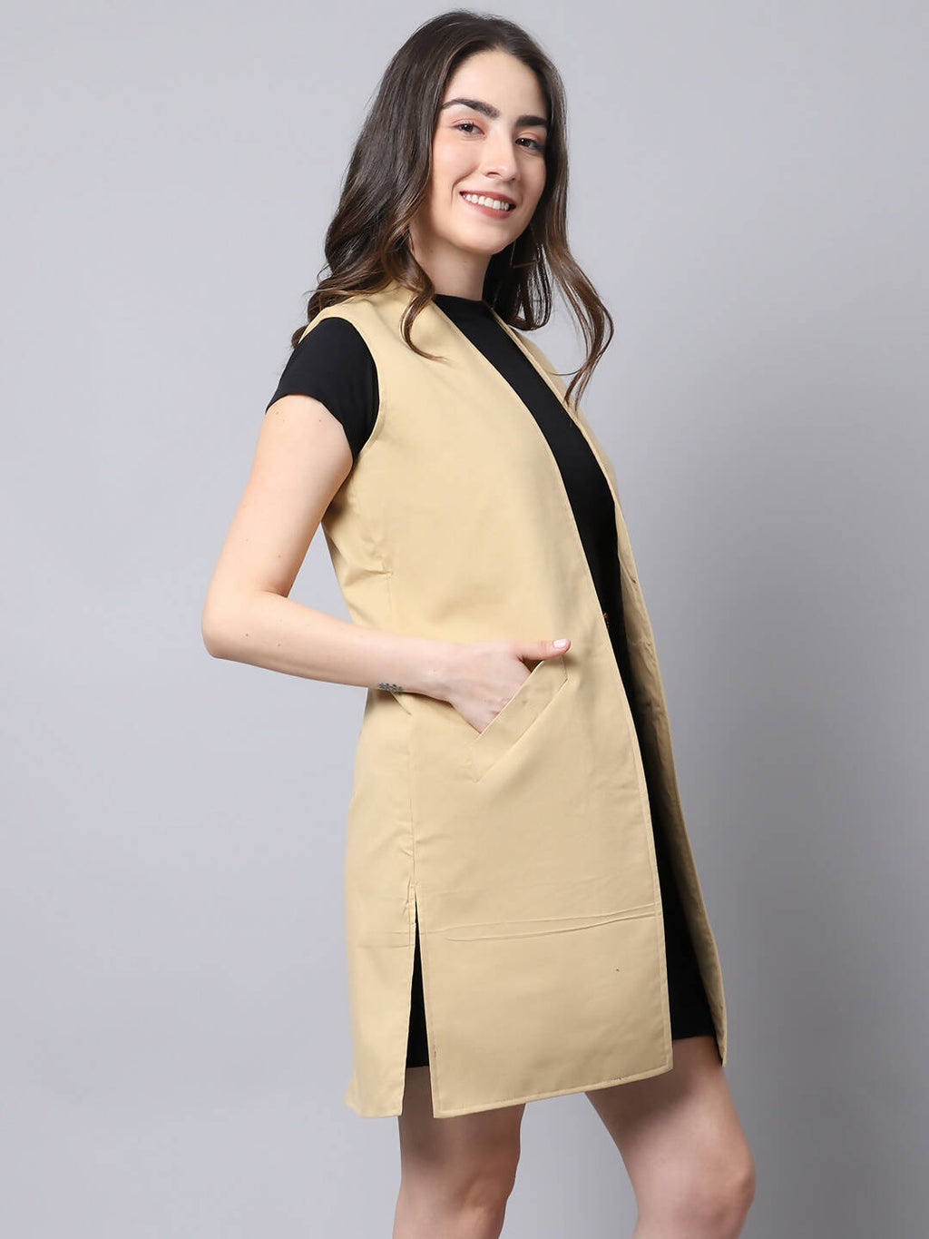 Even Apparels Brown Polywool Open Front Women's Long Coat PW724 | Grocsy
