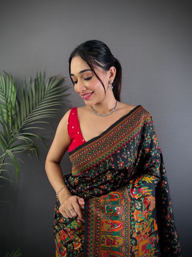 Elora Black Pashmina Silk Meenakari Weaving Madhubani Design Kashmiri Saree | Grocsy