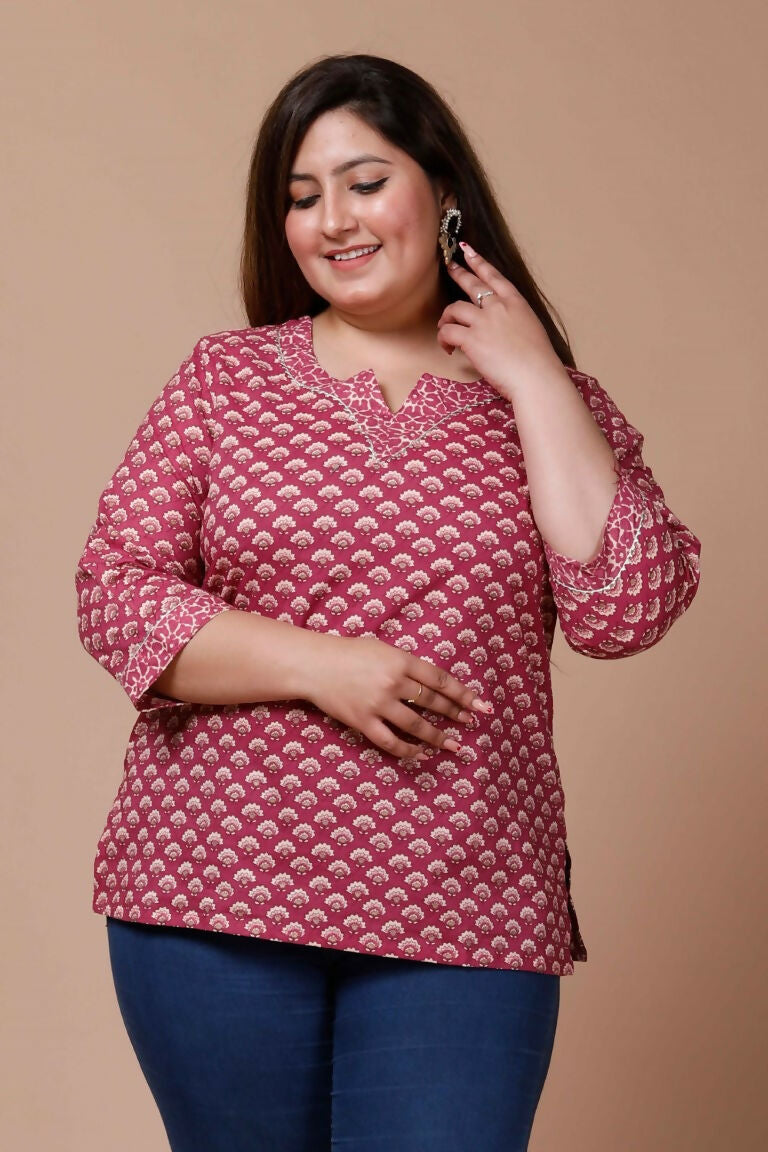 Miravan Women's Plus Size Pink Floral Printed Cotton Kurti | Grocsy