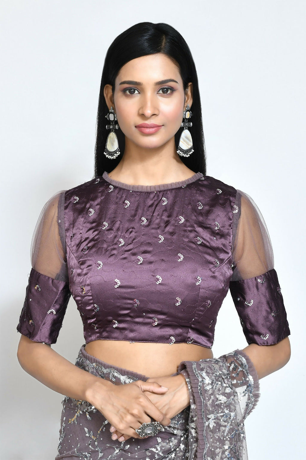 Brown Net Sequence Embroidered Festive Saree - Nimaya Denzy | Grocsy