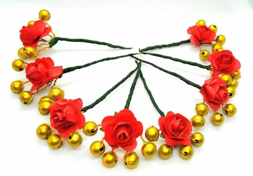 Red Rose Flower With Gold Beaded Hair Brooches (Set of 8 Brooches) | Grocsy