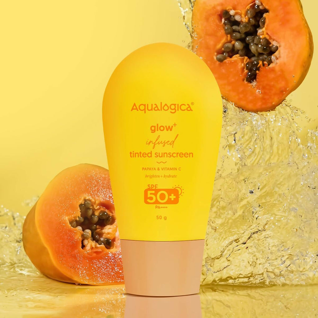 Aqualogica Glow+ Infused Tinted Sunscreen With Papaya & Vitamin C, Protection Against Uva/B, For Glowing & Sun-Safe Skin | Grocsy