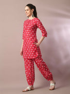 Myshka Women's Pink Printed Cotton Round Neck Party Tunic With Trousers Co-ord set | Grocsy